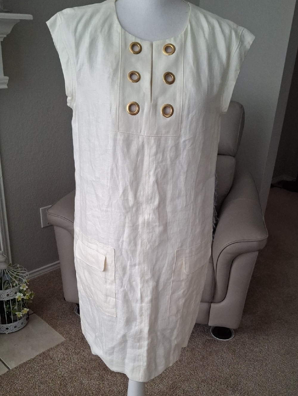 J. Crew Cream Linen Midi Dress with Gold Grommet Detail